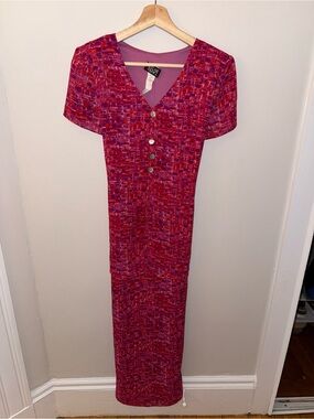V-Neck Pink and Red Print Maxi Dress with Front Buttons